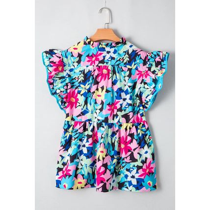 Blue Floral Flutter Sleeve Tied Notched Neck Plus Size Blouse