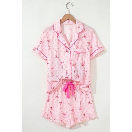 Pink Bow Print Contrast Pipping Short Pajamas Set