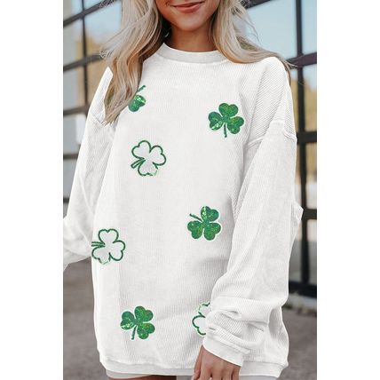 White Sequin Clover Patched Drop Shoulder Corded Sweatshirt