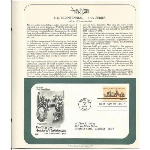 U.S.BICENTENNIAL ARTICLES of FEDERATION ' OFFICIAL FIRST DAY of ISSUE ' ( 1977)