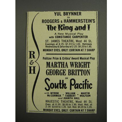 1952 Rodgers & Hammerstein Plays Ad - The King and I and South Pacific