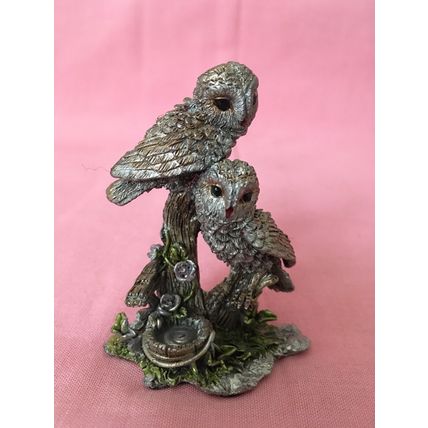 Stunning Painted Pewter Pair Of Barn Owls With Crystal Chip Flower Heads