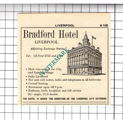 Bradford Hotel Liverpool Small Advert - 1958 Cutting