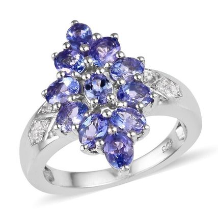 Natural Tanzanite Zircon Rhombus Cluster Ring Sz P½ Platinum Overlay 925 Silver