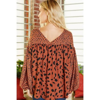 Brown Contrast Leopard Print Bubble Sleeve Blouse