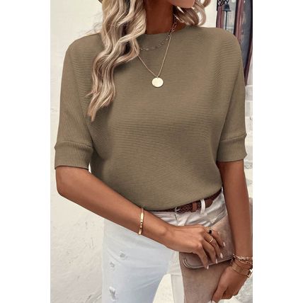 Coffee Round Neck Half Sleeve Ribbed Knit Top