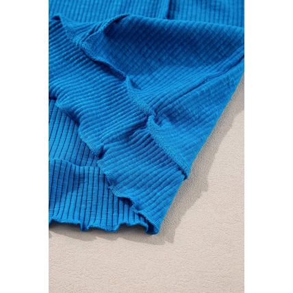 Blue Ribbed Exposed Seam Knit V Neck Long Sleeve Top