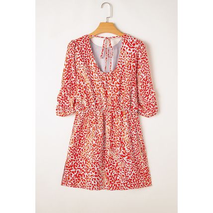 Tomato Red Leopard Print Long Sleeve Hollowed Back Split Mini Dress