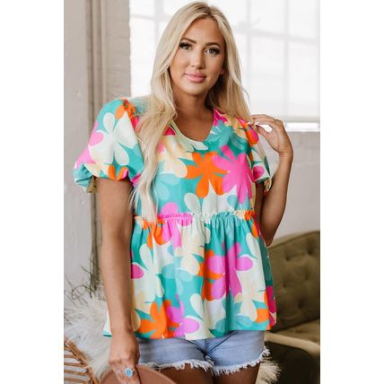 Pink Floral Print Bubble Sleeve V Neck Peplum Blouse