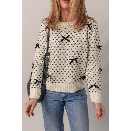 Beige Bow Decor Color Contrast Ribbed Edge Crew Neck Sweater