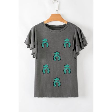 Dark Grey Sequin Turquoise Pattern Ruffle Sleeve Cowgirl Tee