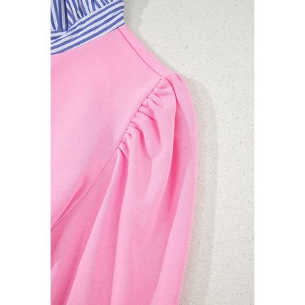 Bonbon Button Striped Collar Patchwork Puff Sleeve Sweatshirt