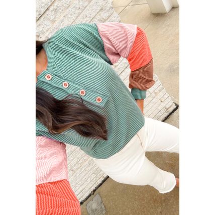 Multicolour Twisted Ribbed Knit Colorblock Henley Top