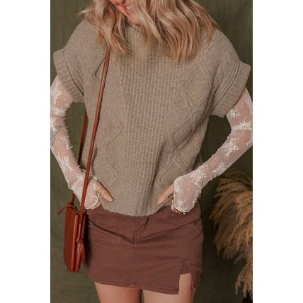 Smoke Gray Textured Knit High Neck Sweater T Shirt