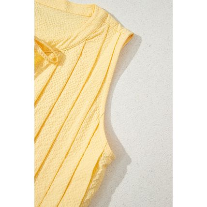 Yellow Cream Bow Tie Notched Neck Pleated Tank Top