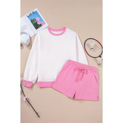 Strawberry Pink Color Block Pullover and Lace-up Elastic Waist Shorts Set