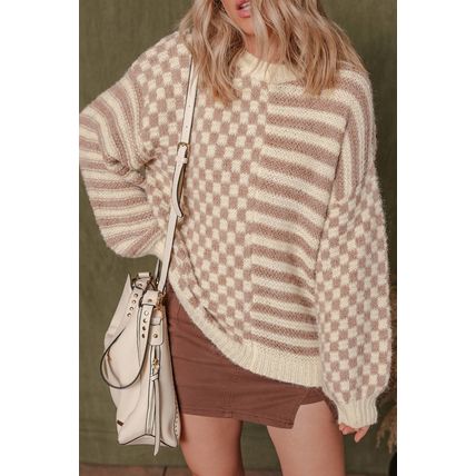 Khaki Stripe Checkerboard Drop Shoulder Balloon Sleeve Sweater