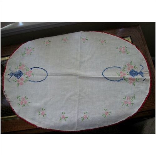 Vintage Oval Hand Embroidered Floral Basket Doily- Dresser Scarf, 22 1/2" x 16"