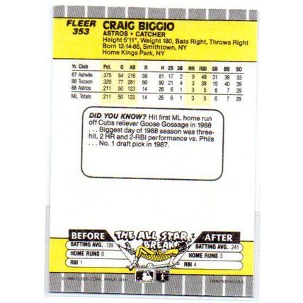 1989 Fleer Craig Biggio Rookie Card - Card # 353