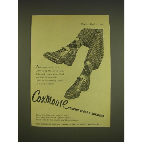 1955 Coxmoore Argyle Socks Ad - Coxmoore superb socks & sweaters