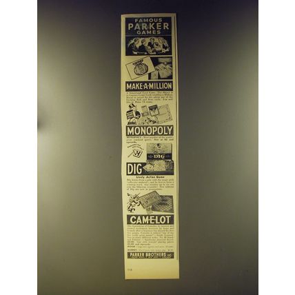 1945 Parker Brothers Games Ad - Make-a-million, Monopoly, Dig, Cam-e-lot