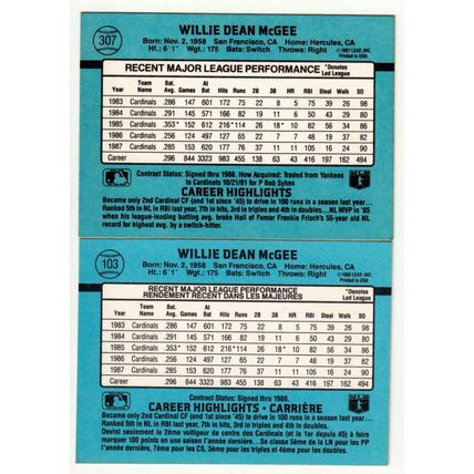 TWO Willie McGee baseball cards 1988 Donruss & Leaf #307, #103