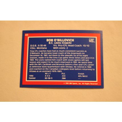 Bob O'Billovich 1991 AW Sport All-World CFL NO. 43