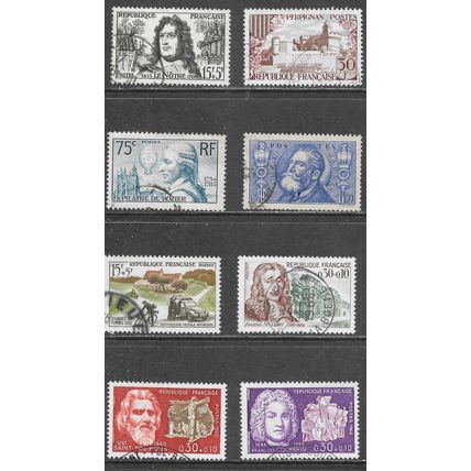 FRANCE 1960s 8 USED STAMPS CHARITY ROZIER JAURES DAY POL ROUX COUPERIN MUSIC