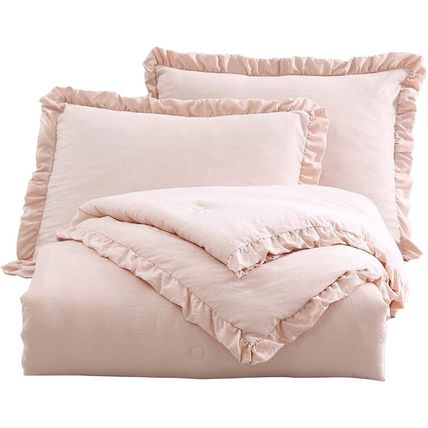 Queen Oversized Pink Ruffled Edge Microfiber Comforter Set