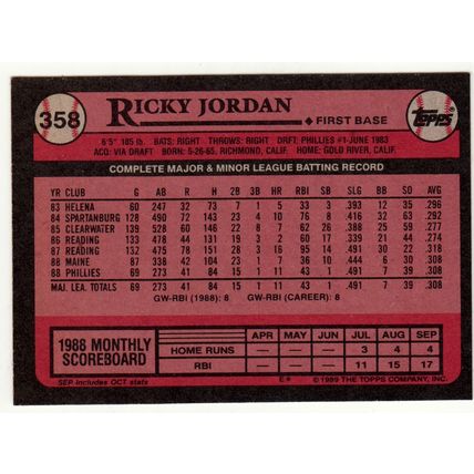 1989 Topps Ricky Jordan rookie RC baseball card #358 – Phillies
