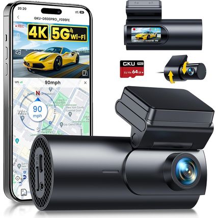 GKU Dash Cam Front and Rear Camera,4K+1080P, 5.8Ghz Wifi & GPS Dash Camera for C