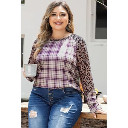 Chestnut Plus Size Leopard Raglan Sleeve Plaid Top