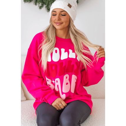 Rose Red Christmas Holly Jolly Babe Graphic Oversized Sweatshirt