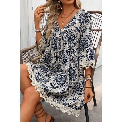 Sky Blue Vintage Printed Lace Trim V Neck 3/4 Sleeve Loose Dress