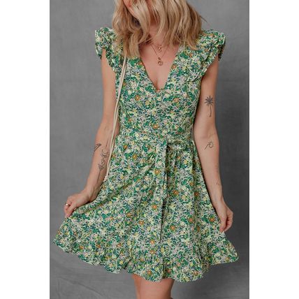 Green Flower Print Flutter Sleeve V Neck Sashed Ruffled Mini Dress