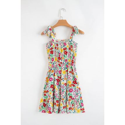 Red Floral Knotted Straps Cinched Waist Ruffle Hem Mini Dress