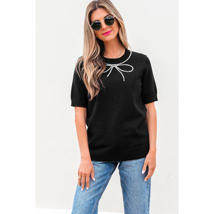 Black Pearl Bow Necklace Embellished Short Sleeve Knitted T Shirt