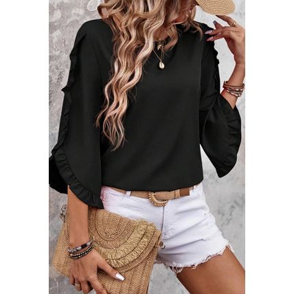 Black Ruffle Trimmed 3/4 Sleeve Round Neck Blouse