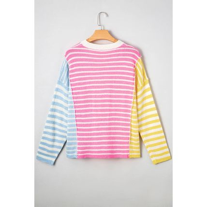 Multicolour Color Block Striped Patchwork Dolman Sleeve Slit Sweater