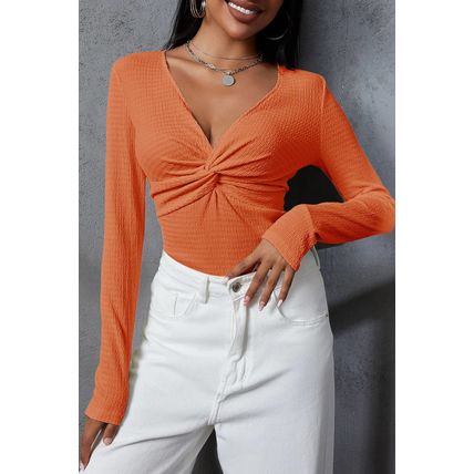 Orange Textured Twist Front V Neck Long Sleeve Slim Solid Color Top