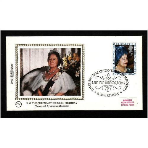 GREAT BRITAIN 1980 QUEEN MOTHER BENHAM SILK FIRST DAY COVER WINDSOR SPECIAL H/S