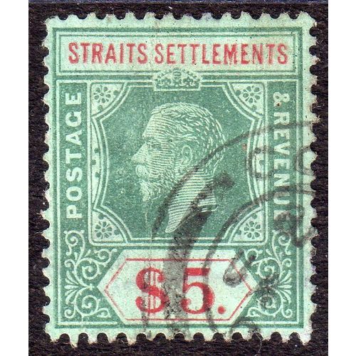MALAYA STRAITS SETTLEMENTS 1915 Sg212a $5 Green & Red/Green thinned used G107)