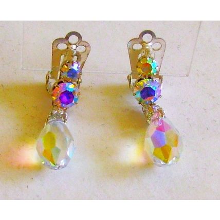 Earrings Aurora Borealis Crystal Pear Drop Clip-on Dangle Clip Faceted Ear Stud