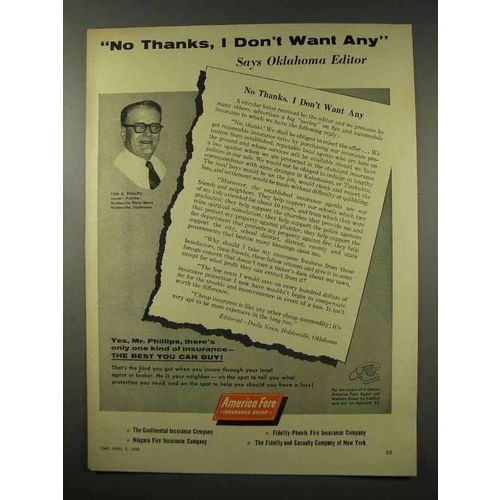 1956 America Fore Insurance Ad - I Don't Want Any