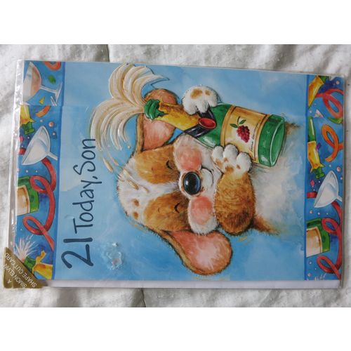 Birthday 21 Today Son Puppy Party Big Card Bottle Of Champagne A4 Portrait