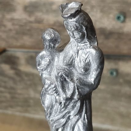 Vintage Solid Pewter Virgin Mary Holding Child Jesus - 4"
