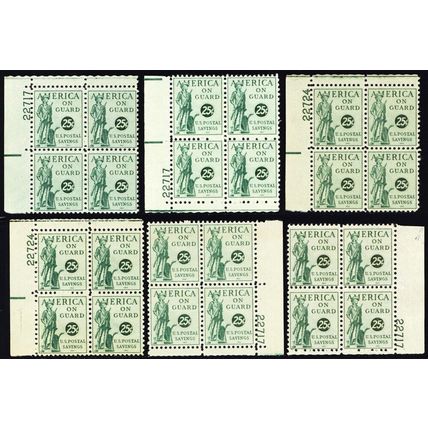PS12, MNH F-VF NH 25¢ SIX Plate Blocks Postal Savings CV $135. - Stuart Katz