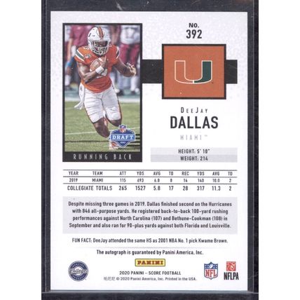 2020 Score Rookie Autographs #392 DeeJay Dallas