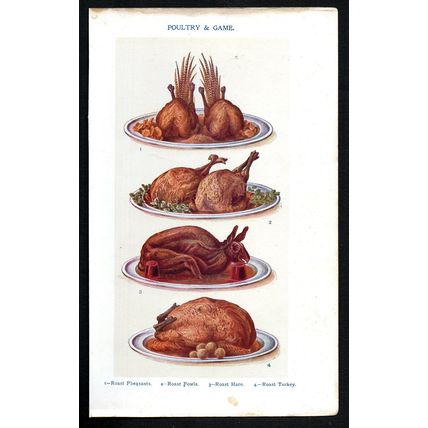 POULTRY & GAME- Roast Pheasants - COOKERY - MRS BEETON 1907 CHROMOLITHOGRAPH