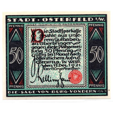 1921 Germany Osterfeld Notgeld 50 Pfennig Note (1221)